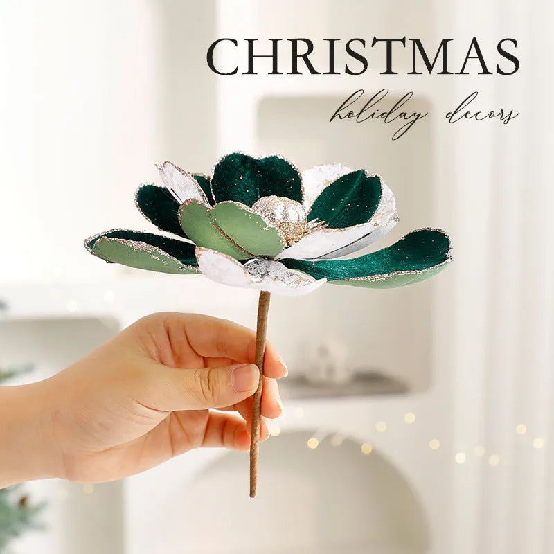 Set of three 15cm flannel Christmas flower ornaments in champagne gold, wine red, and dark green