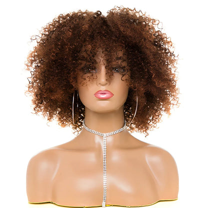 Afro kinky curly synthetic wig with 10-12cm oblique bangs in black, brown, or wine red, adjustable 21-22 inch cap for all face shapes
