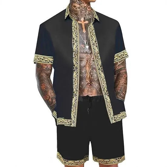 Men's casual loose short sleeve shirt and shorts Hawaii suit in polyester fabric summer set with eight colour options