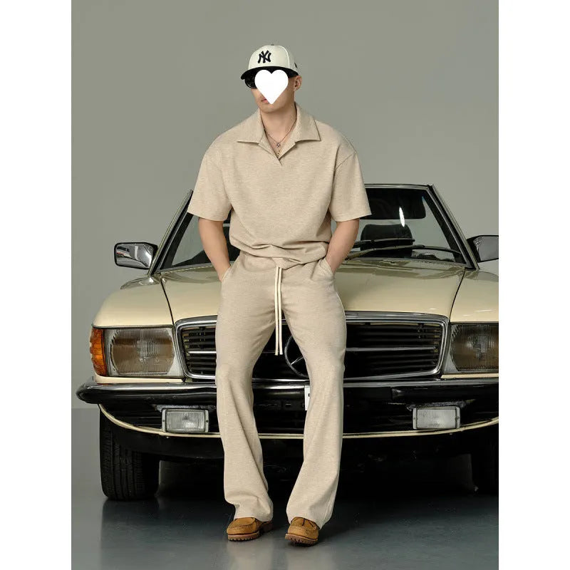Men's beige cotton short-sleeved T-shirt with matching trousers, casual summer suit