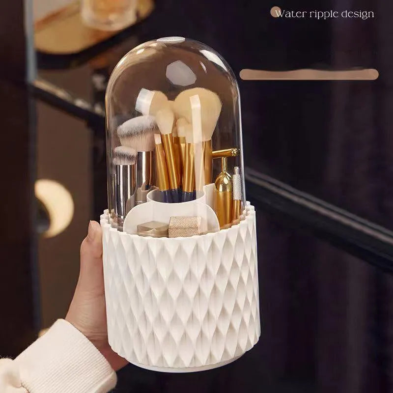 White rotating acrylic makeup brush holder with transparent dust cover showing brush compartments