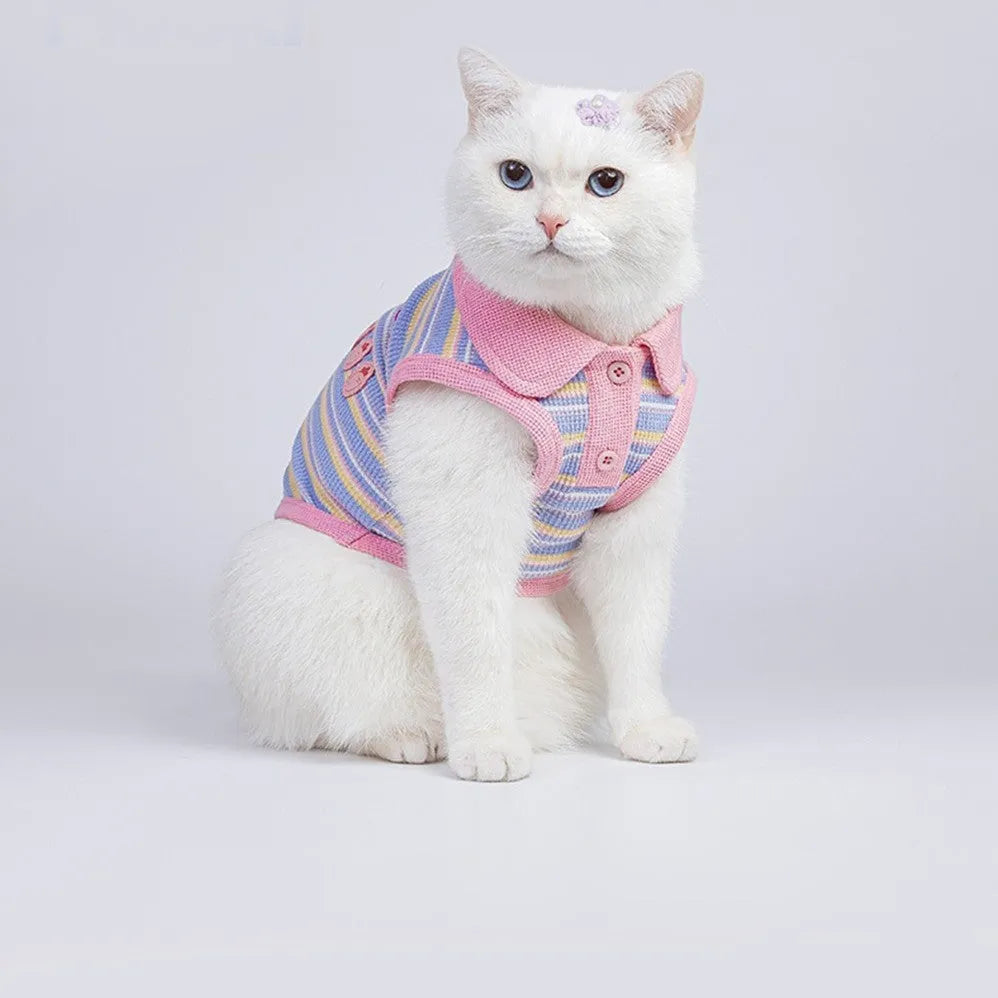 Pink purple small dog autumn vest showing front view with size options from XXS to XXL
