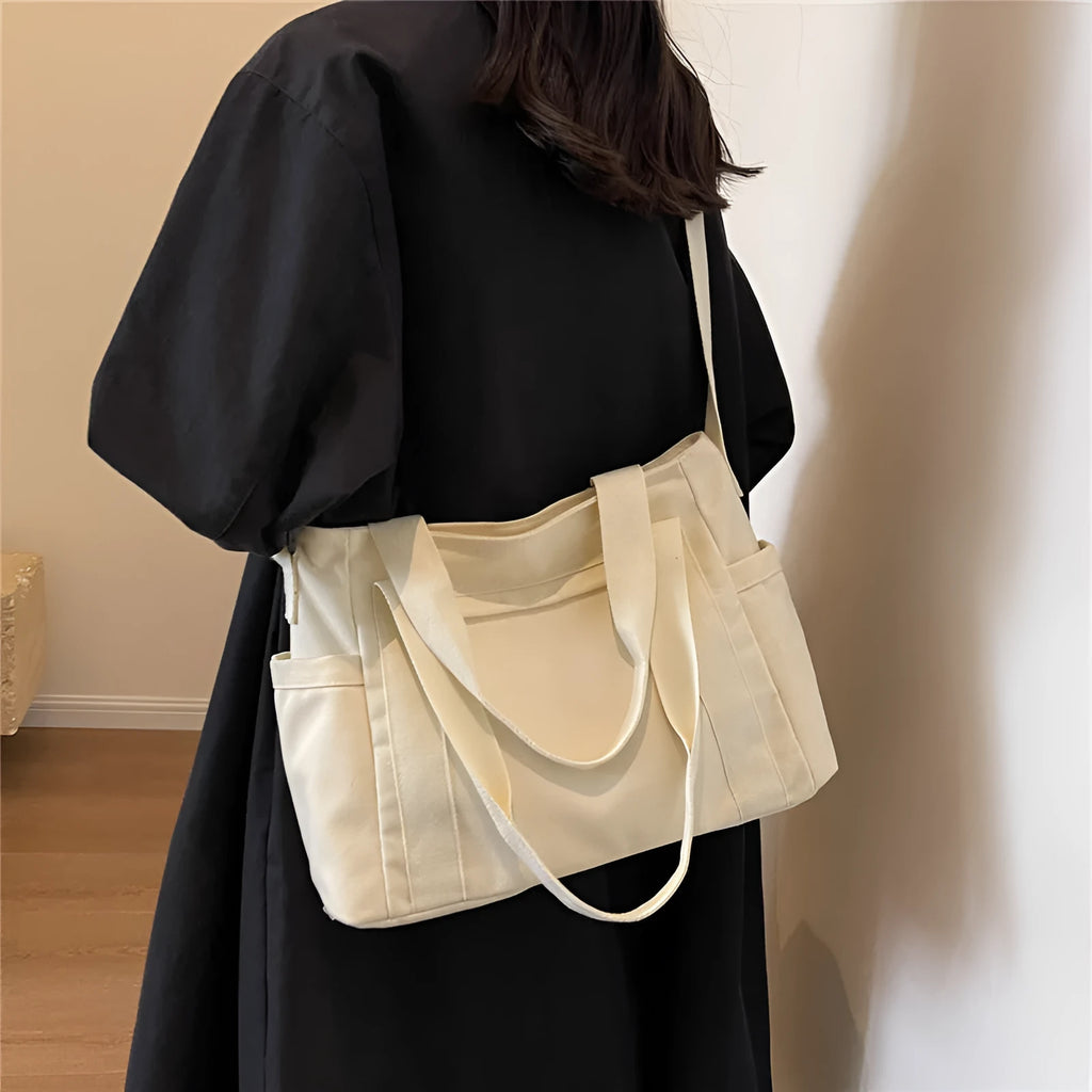 Women's solid colour polyester canvas shoulder bag with sandwich pockets and mobile phone compartment
