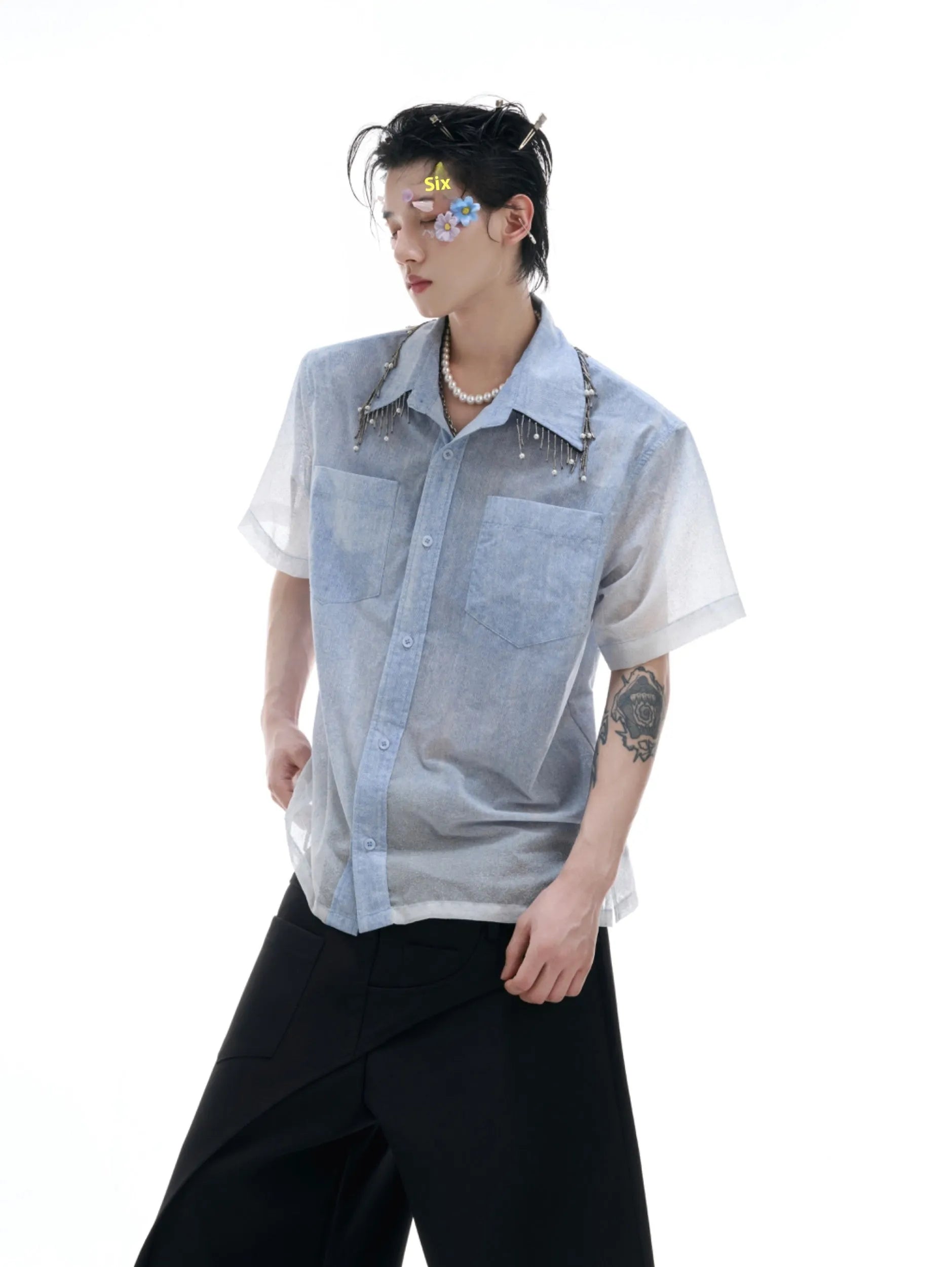 Men's blue and white gradient short sleeve casual shirt with a loose fit.