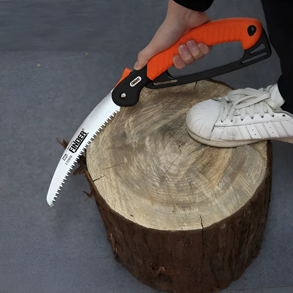 A folding garden hand saw with a black TPR grip and a 230mm steel blade, shown both open and closed.