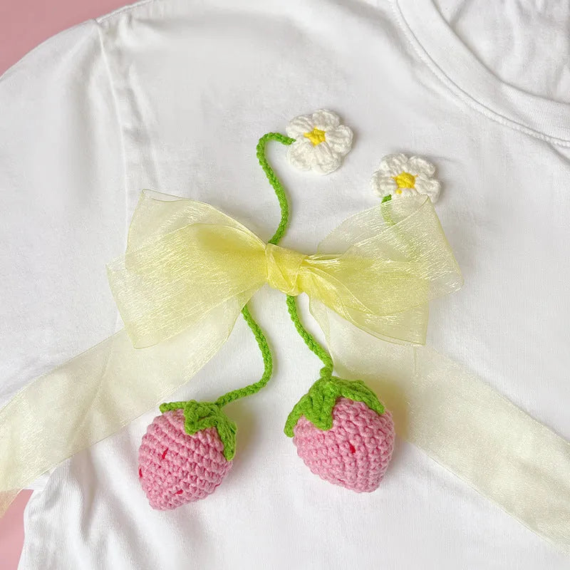 Handmade wool crochet strawberry pendant necklace with 35cm chain in pink or red colour