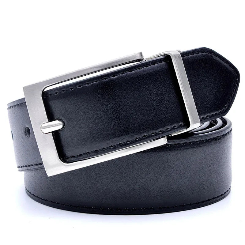 Men's brown and black genuine leather belt with rotating alloy pin buckle showing length options