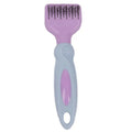 Pink dual-sided dog grooming comb with stainless steel blade and rotating ball-tip massage brush.