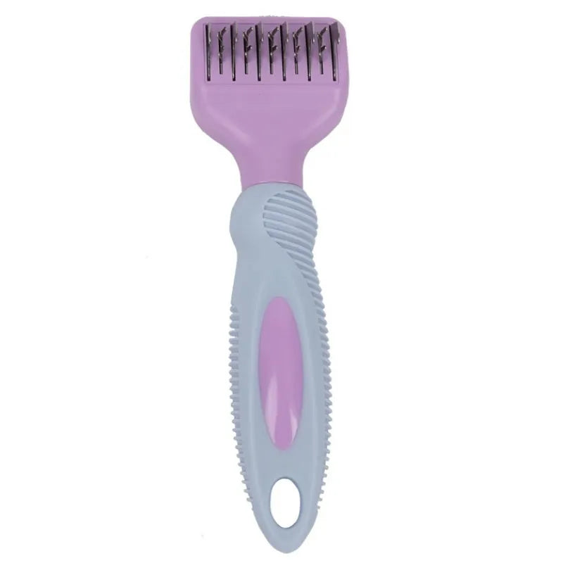 Pink dual-sided dog grooming comb with stainless steel blade and rotating ball-tip massage brush.