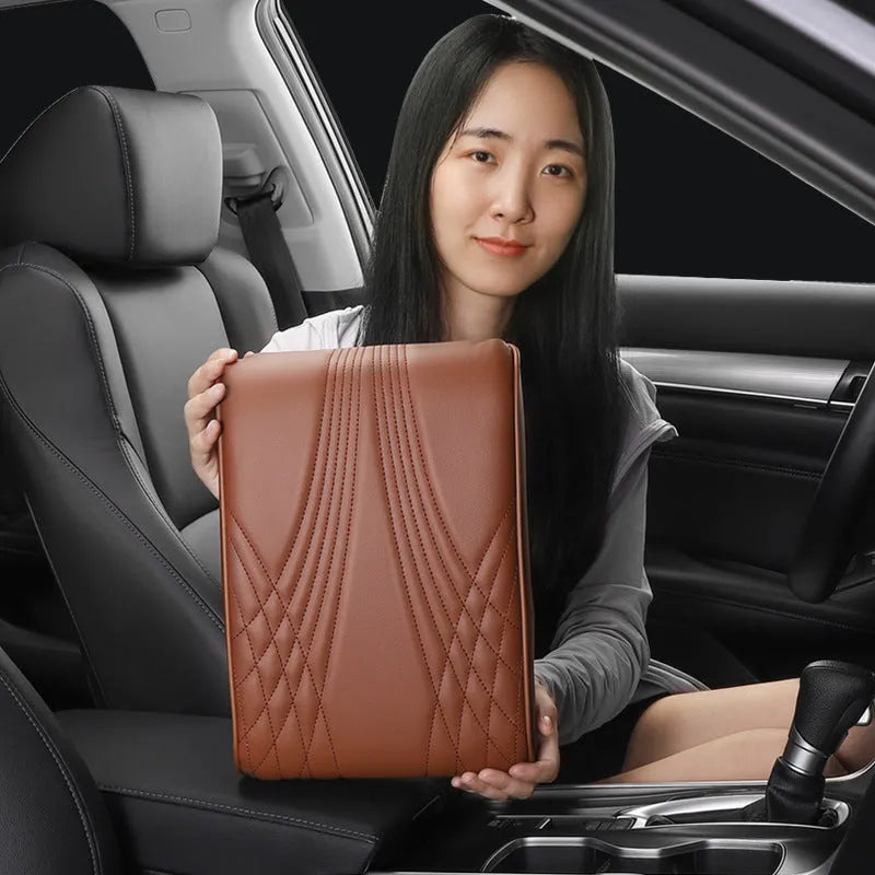 Car armrest cover protective pad in black stripes with pocket, made of PU leather
