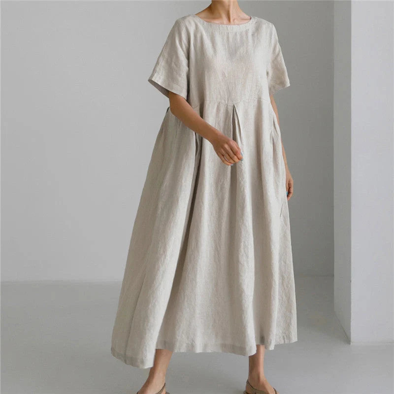 Loose cotton and linen pullover round neck dress in navy blue, army green, and apricot