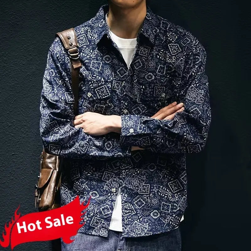 Men's casual denim print shirt in navy blue with long sleeves and lapel collar in polyester fabric