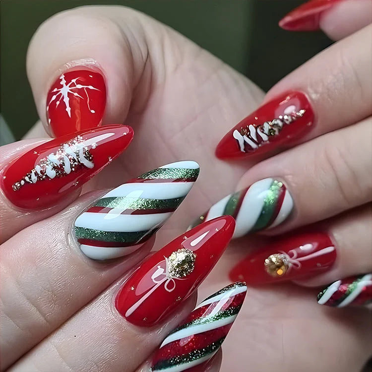 Christmas false nails with festive hat, striped, and snowflake designs for holiday parties