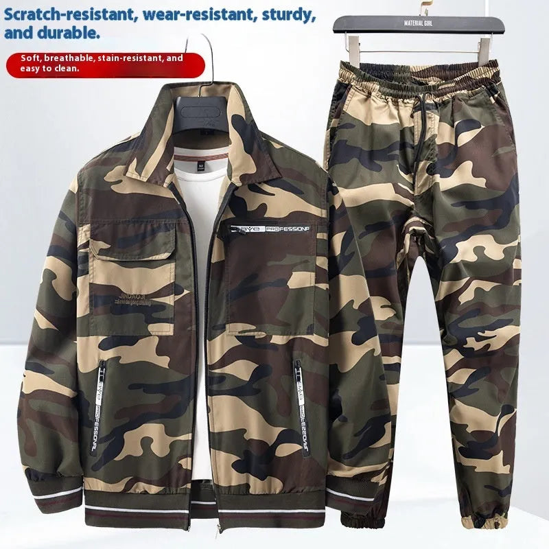 Men's thin camouflage cargo pants suit set in army green, polyester, lightweight workwear
