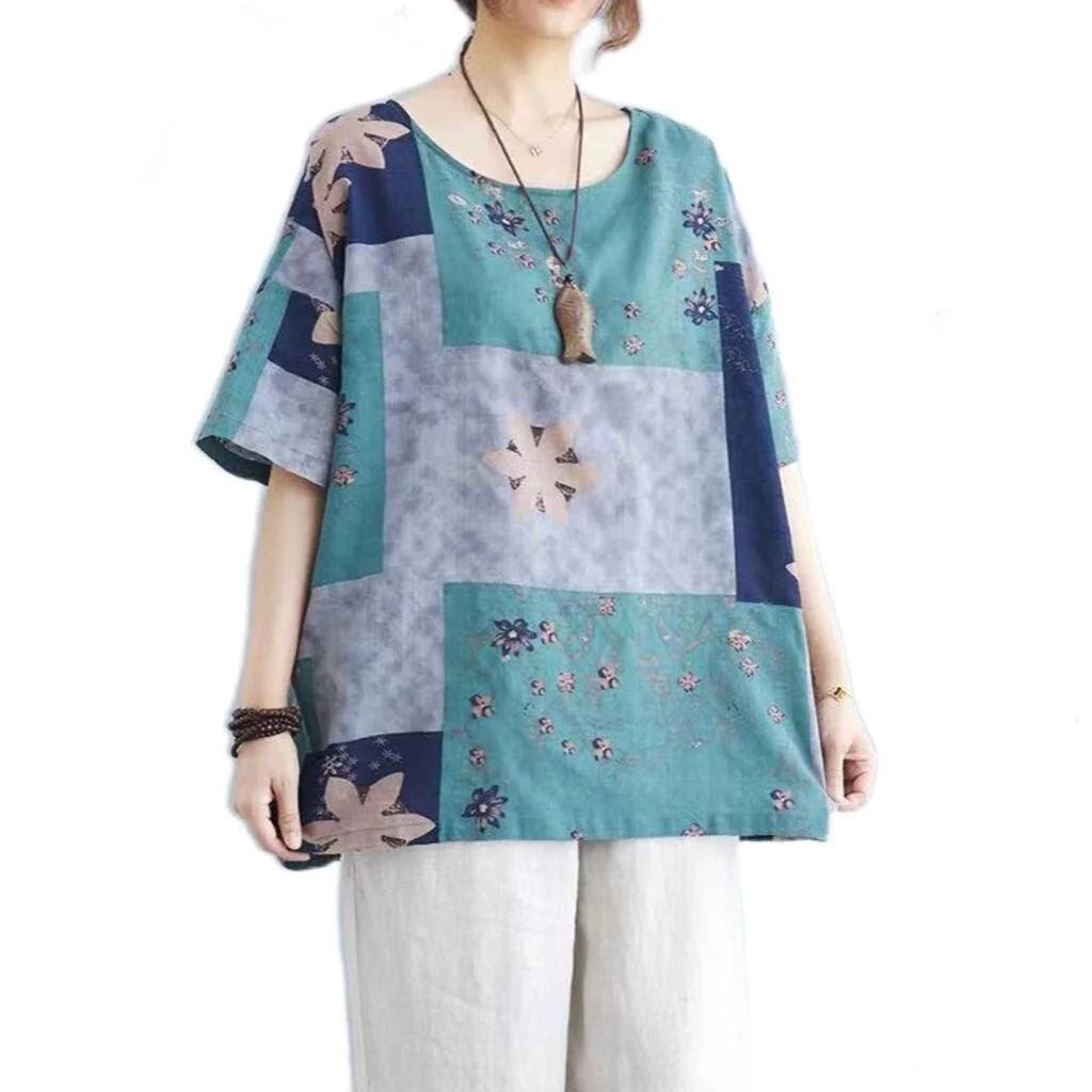 Ethnic style loose round neck print short sleeve t-shirt in ramie fabric