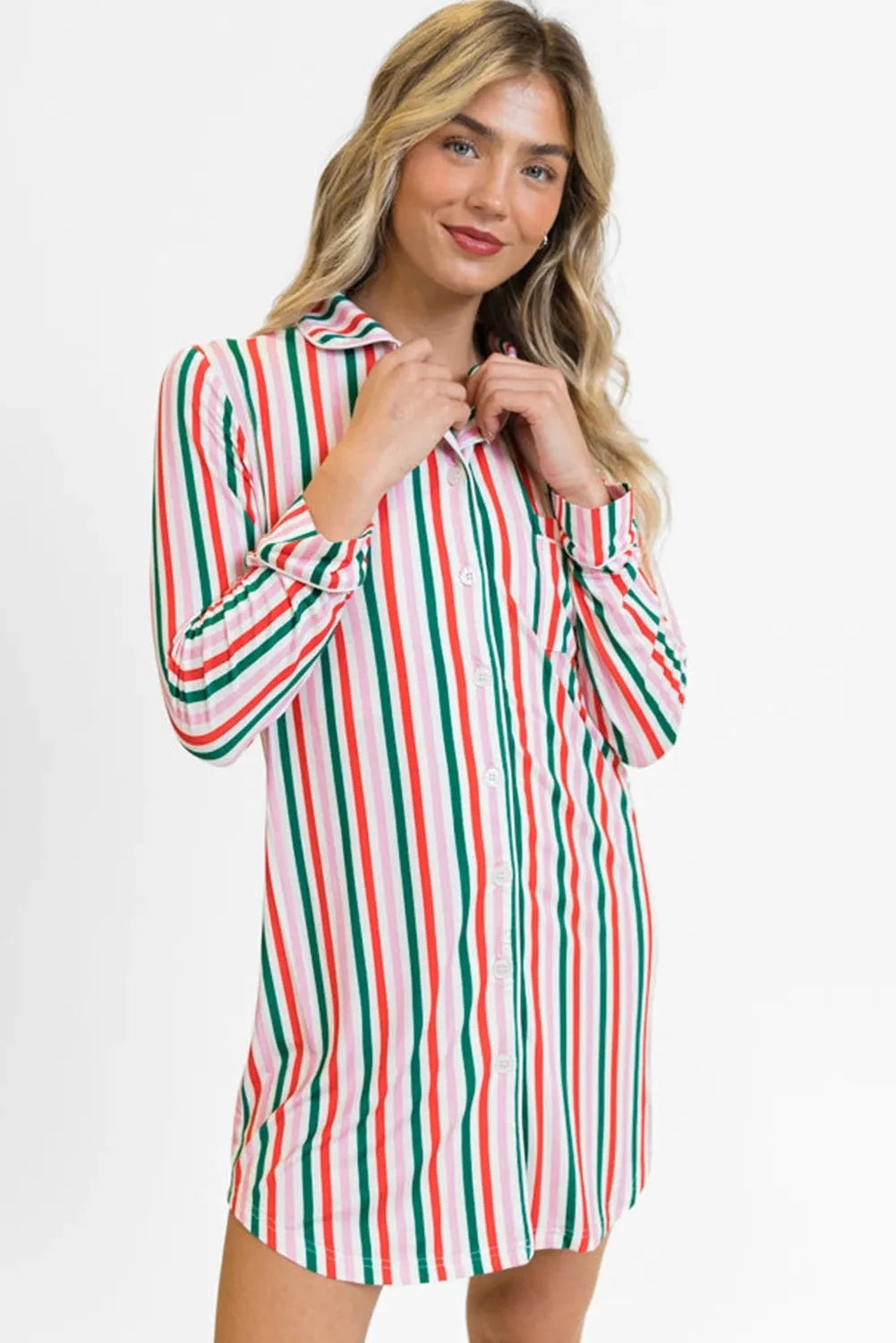 Pink striped long-sleeved polyester Christmas dress for women, casual style, front view