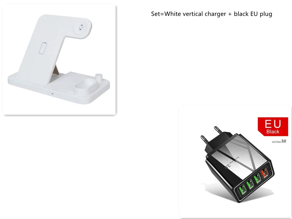 Black 4-in-1 wireless charging station showing phone on adjustable stand, with Apple Watch and AirPods charging on the base.