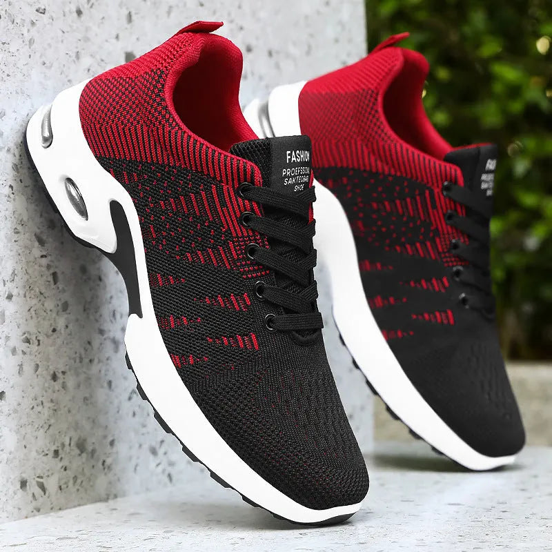 Men's low-top casual sneakers in black and blue with Flyknit mesh upper and flat sole.