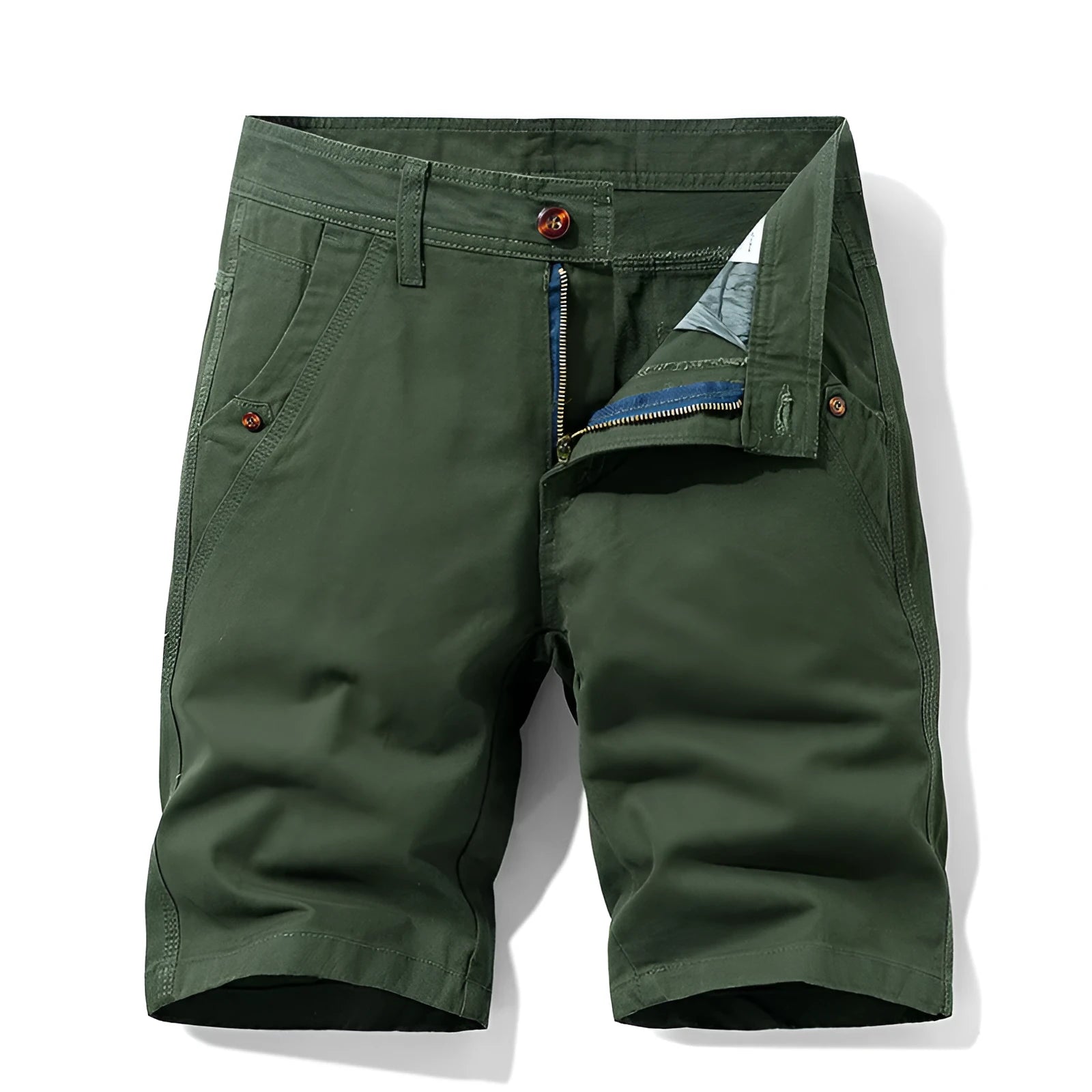 Men's pure cotton casual overalls in khaki colour with straight leg and zipper fly.