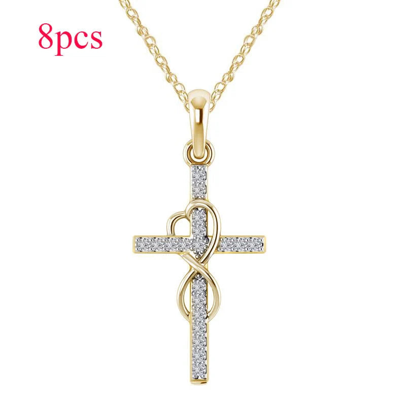 Alloy diamond eight-character cross necklace in gold, silver, and rose gold with adjustable length
