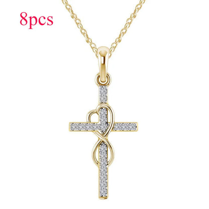 Alloy diamond eight-character cross necklace in gold, silver, and rose gold with adjustable length