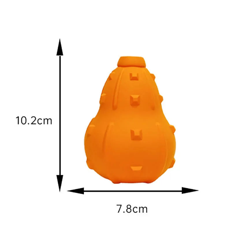 Natural rubber stuffable dog toy for small medium breeds with treat hole and long strap.