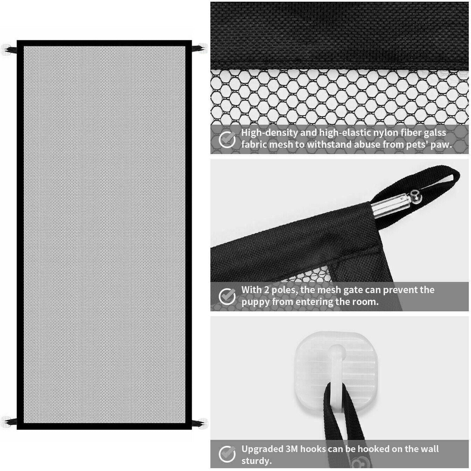 Portable safety gate with mesh fence for pets and babies, black color