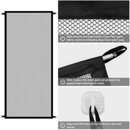 Portable safety gate with mesh fence for pets and babies, black color