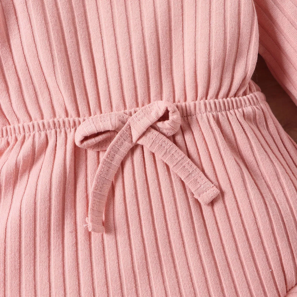 Baby girls long sleeve cotton sunken stripe romper jumpsuit with headscarf in white, pink and brown for heights 60-100cm