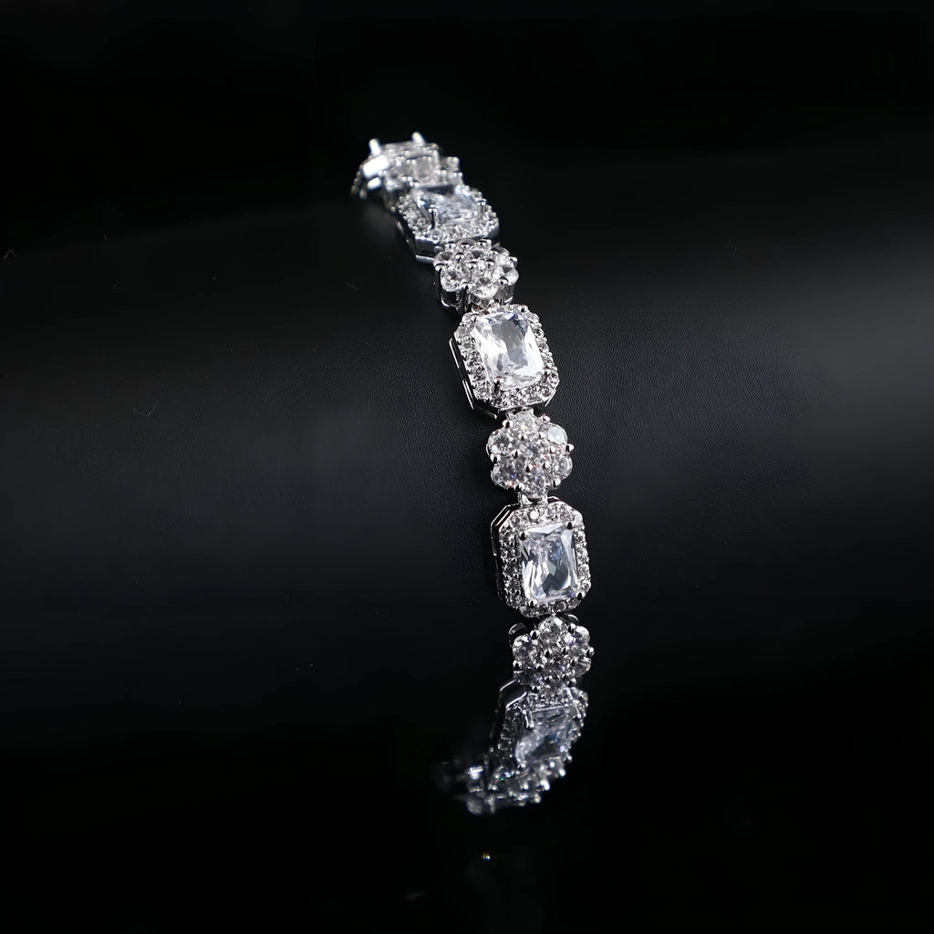 Copper real white gold full zircon claw chain bracelet for women, silver colour, flower and geometric shapes