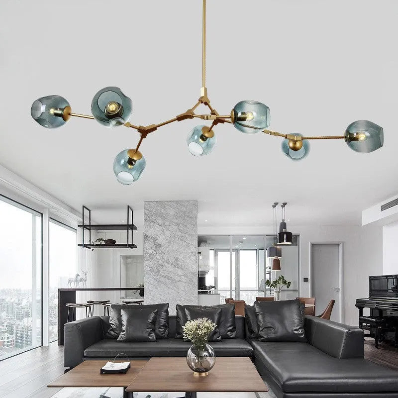 Nordic branch ceiling lamp with iron frame and glass shades in Black Transparent finish