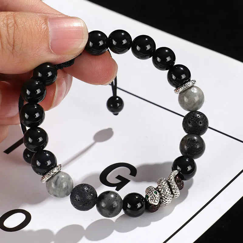 Handcrafted agate couple bracelets in black and white blessing snake style with natural stones