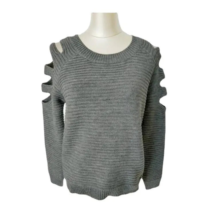 Women's grey hollow-out crocheted knitted long-sleeve shirt with round neck on a hanger.