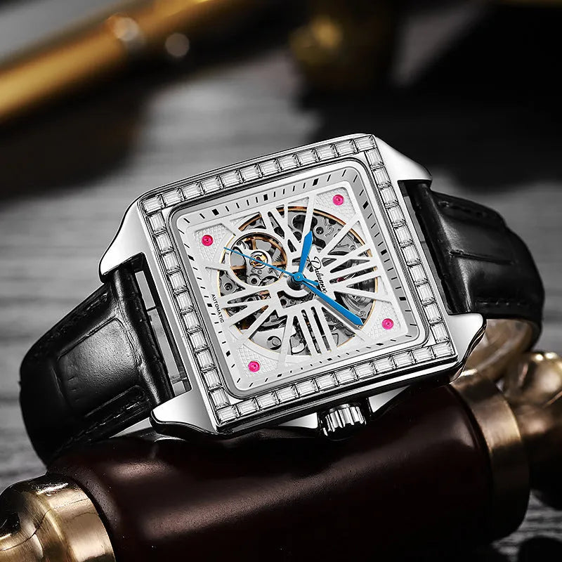 Men's square diamond-studded automatic watch on wrist, model 6066A.