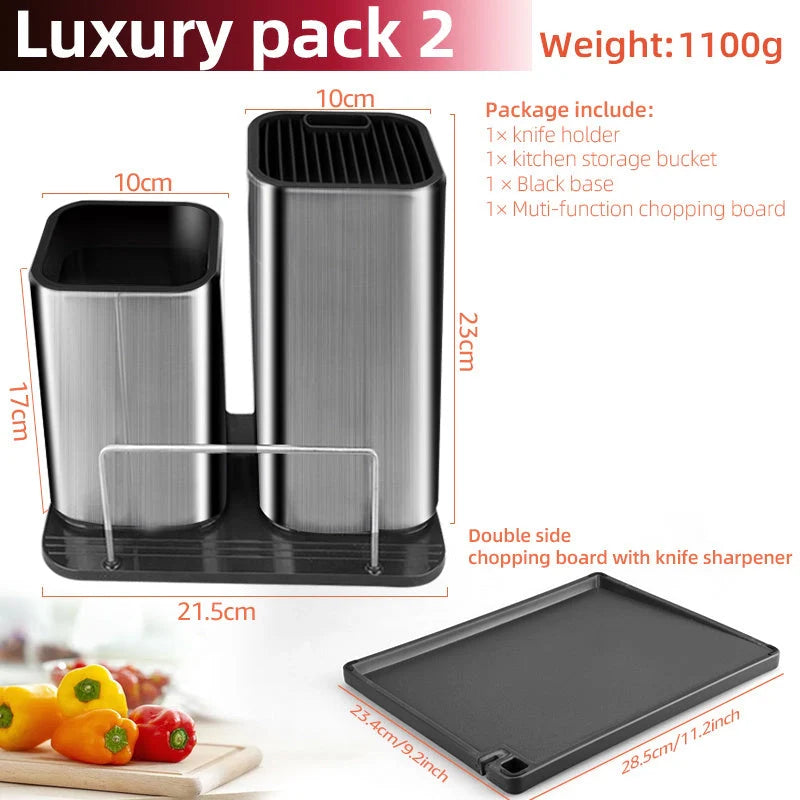 Stainless steel drainable knife and chopping board holder for kitchen organisation