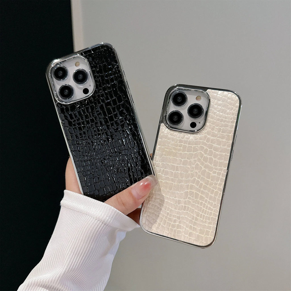 Advanced anti-fall phone case for iPhone 11-16 series, glossy crocodile pattern imitation leather, black colour