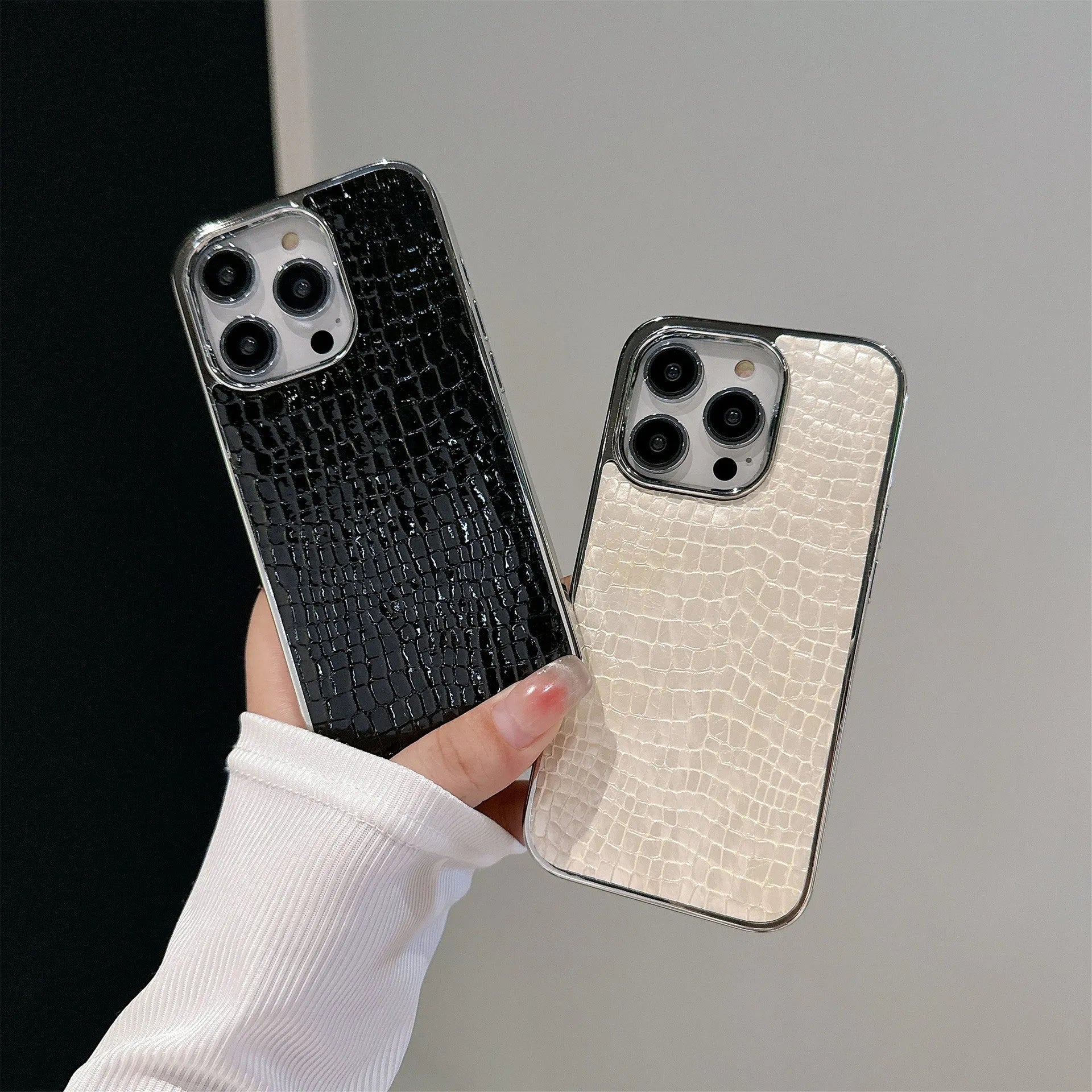 Advanced anti-fall phone case for iPhone 11-16 series, glossy crocodile pattern imitation leather, black colour
