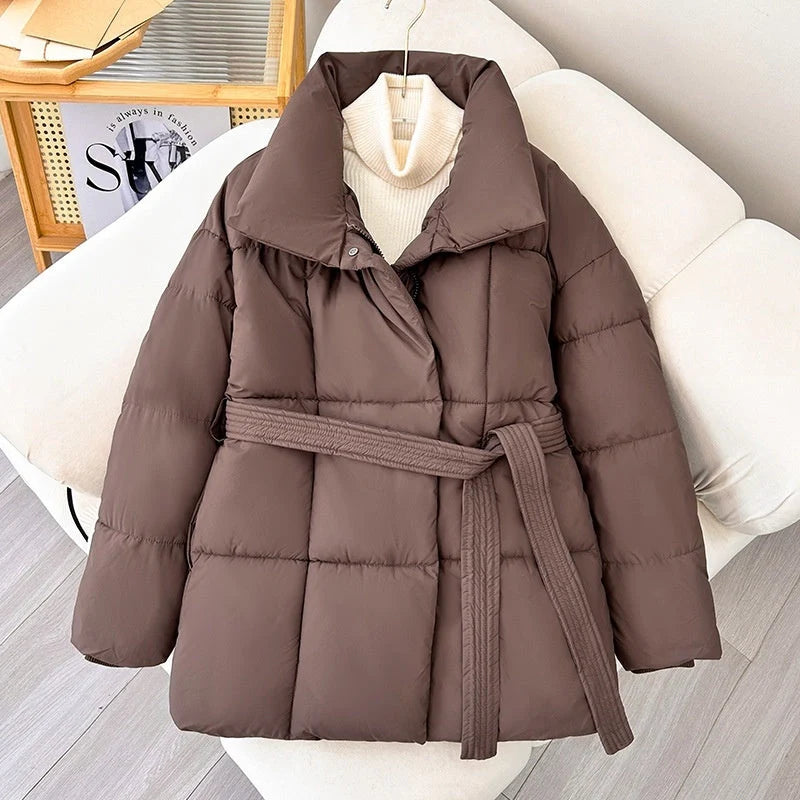 Women's warm lapel plaid coat with belt for fall and winter, available in black, white, and brown