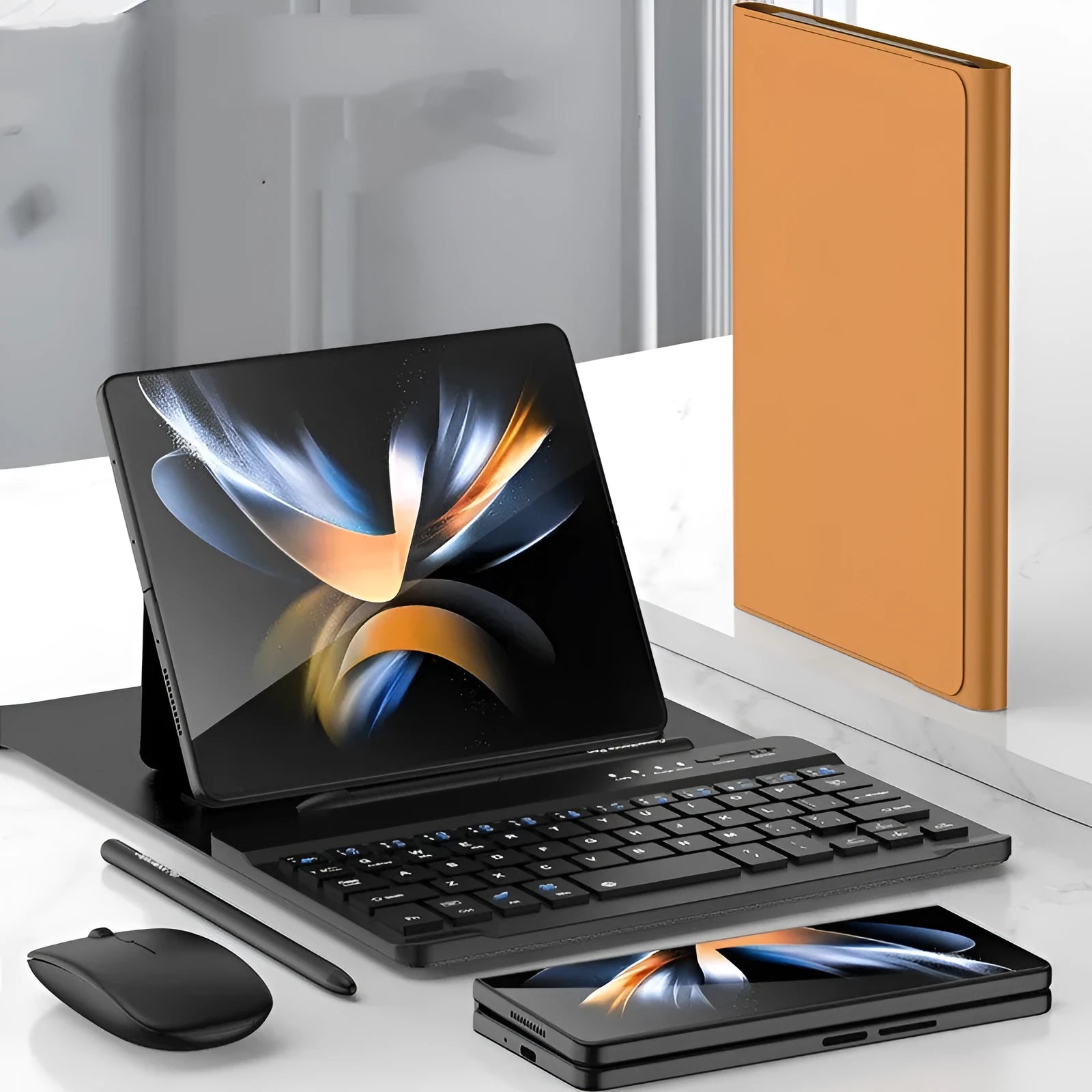 Folding PU leather keyboard case with Bluetooth keyboard, mouse, and stylus for Samsung Fold in black