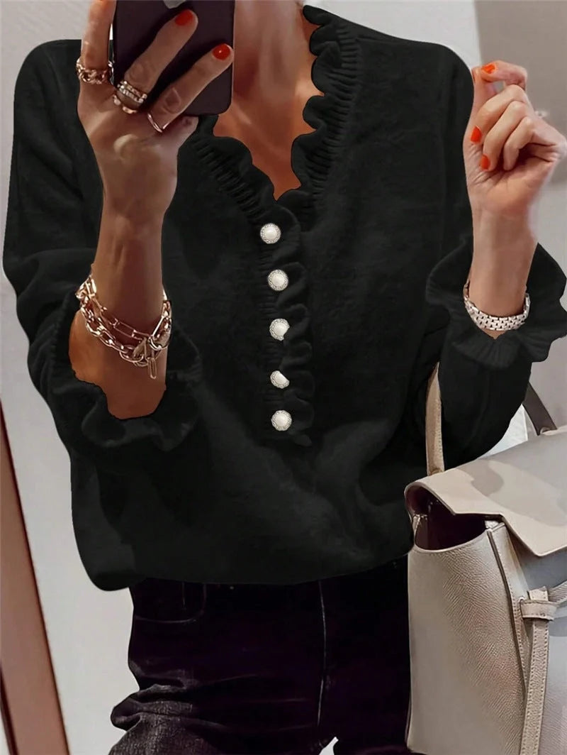 Winter V-neck Ruffled Knitted Sweater for Women in black, white, and pink