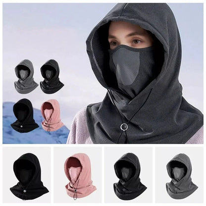 Versatile thermal fleece scarf in various colors, including black, dark gray, light gray, and pink, with adjustable drawstring and transformable design