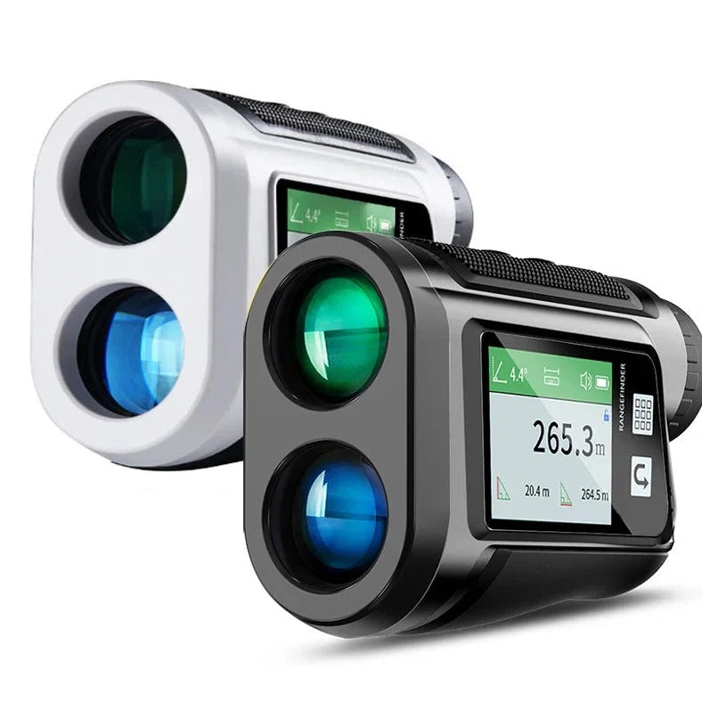 Charging touch screen golf laser rangefinder with voice broadcast and height measuring angle for precise distance calculations up to 600 metres with 0.5 metre accuracy