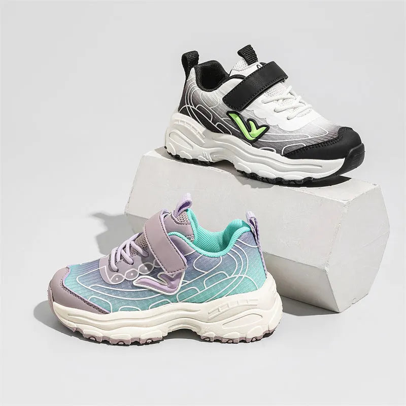Children's black and purple striped dad shoes with lace-up front and rubber sole.