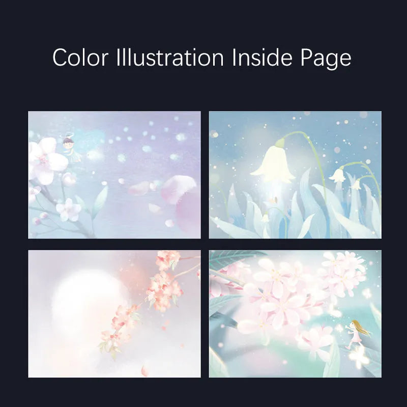 A5 notebook with luminous cover open to show colour illustration inside, in deep blue colour option.