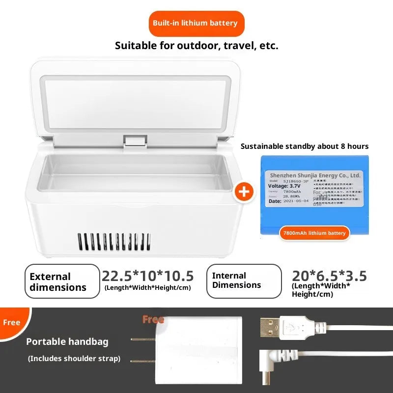 Portable insulin frozen box in white with fast refrigeration and rechargeable battery for car and home use