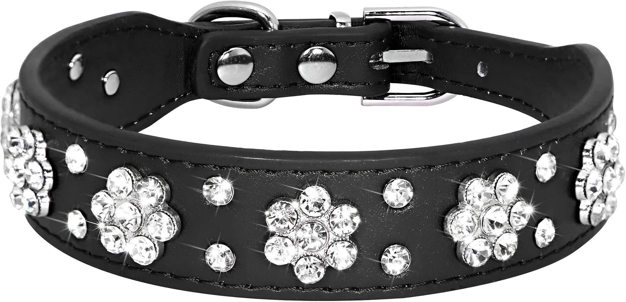A studded rhinestone flower pattern on a soft black PU leather dog collar with a metal D-ring.