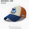Men's polyester baseball cap in beige, black and blue colours showing adjustable back strap