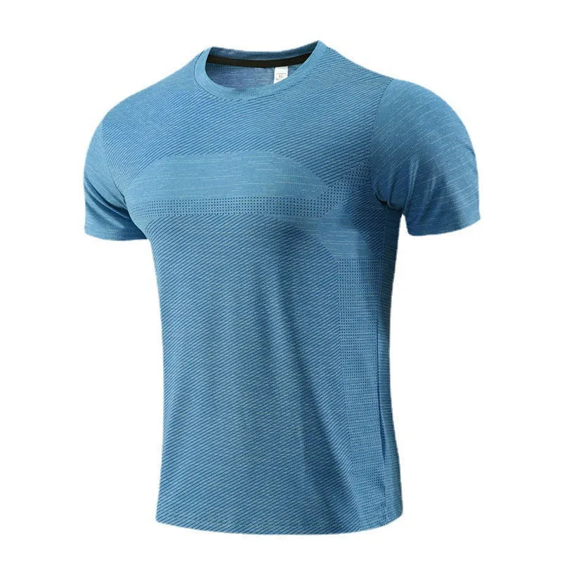 Short sleeve polyester spandex running T-shirt for basketball and workouts on a size chart.