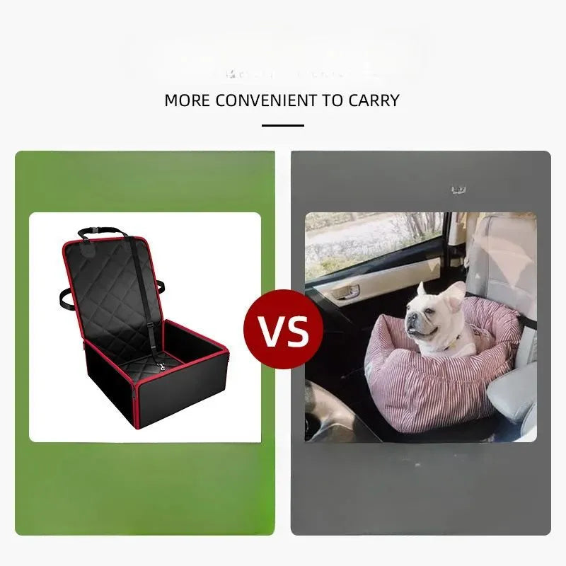 Black dog car pet pad with non-slip base on vehicle front seat measuring 42cm square