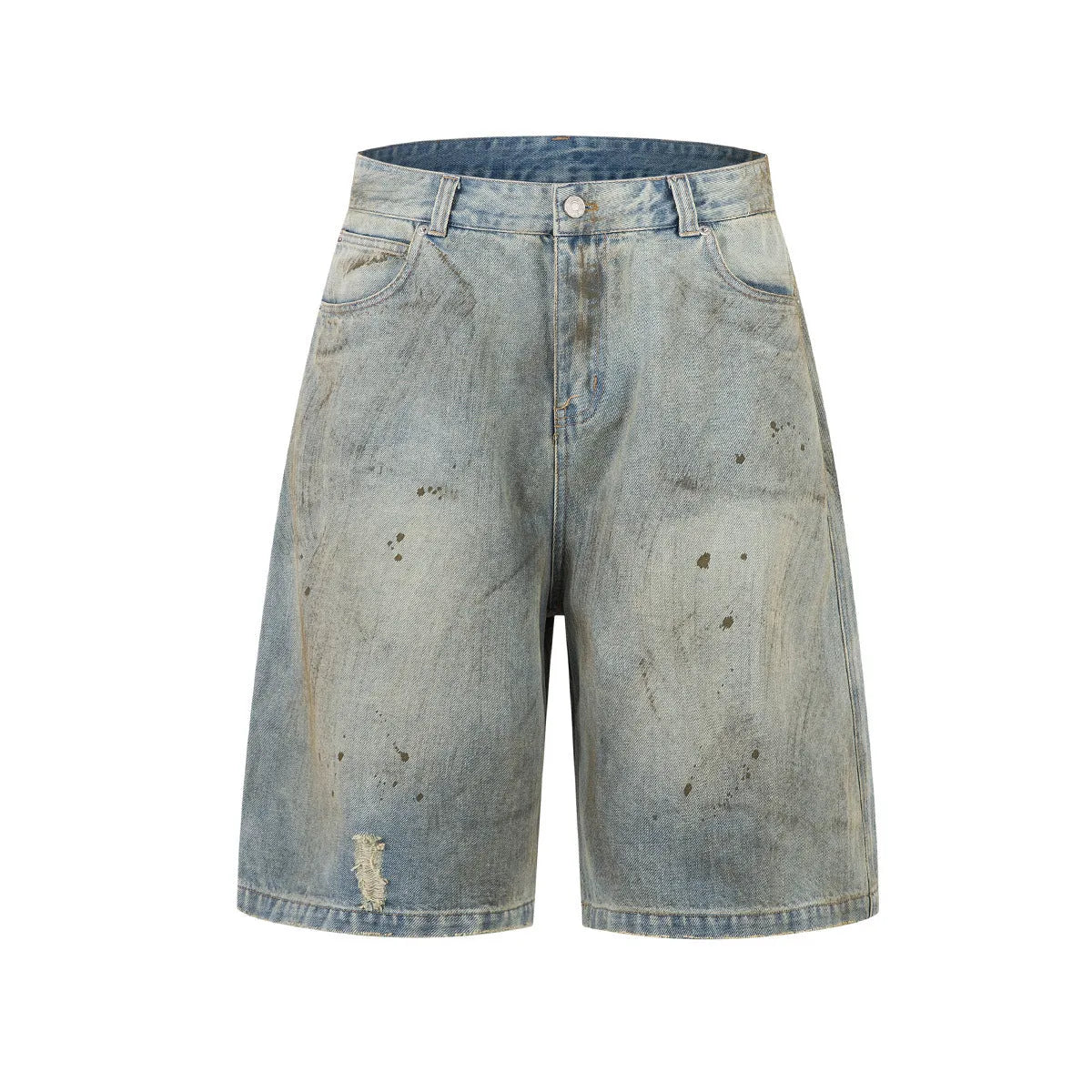 Men's washed blue cropped denim pants with straight leg and zipper fly